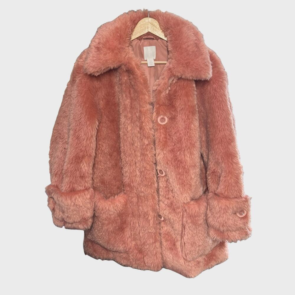 H&M Pink Faux Fur Teddy Coat Womens Medium Blush Cozy Winter Soft Girl